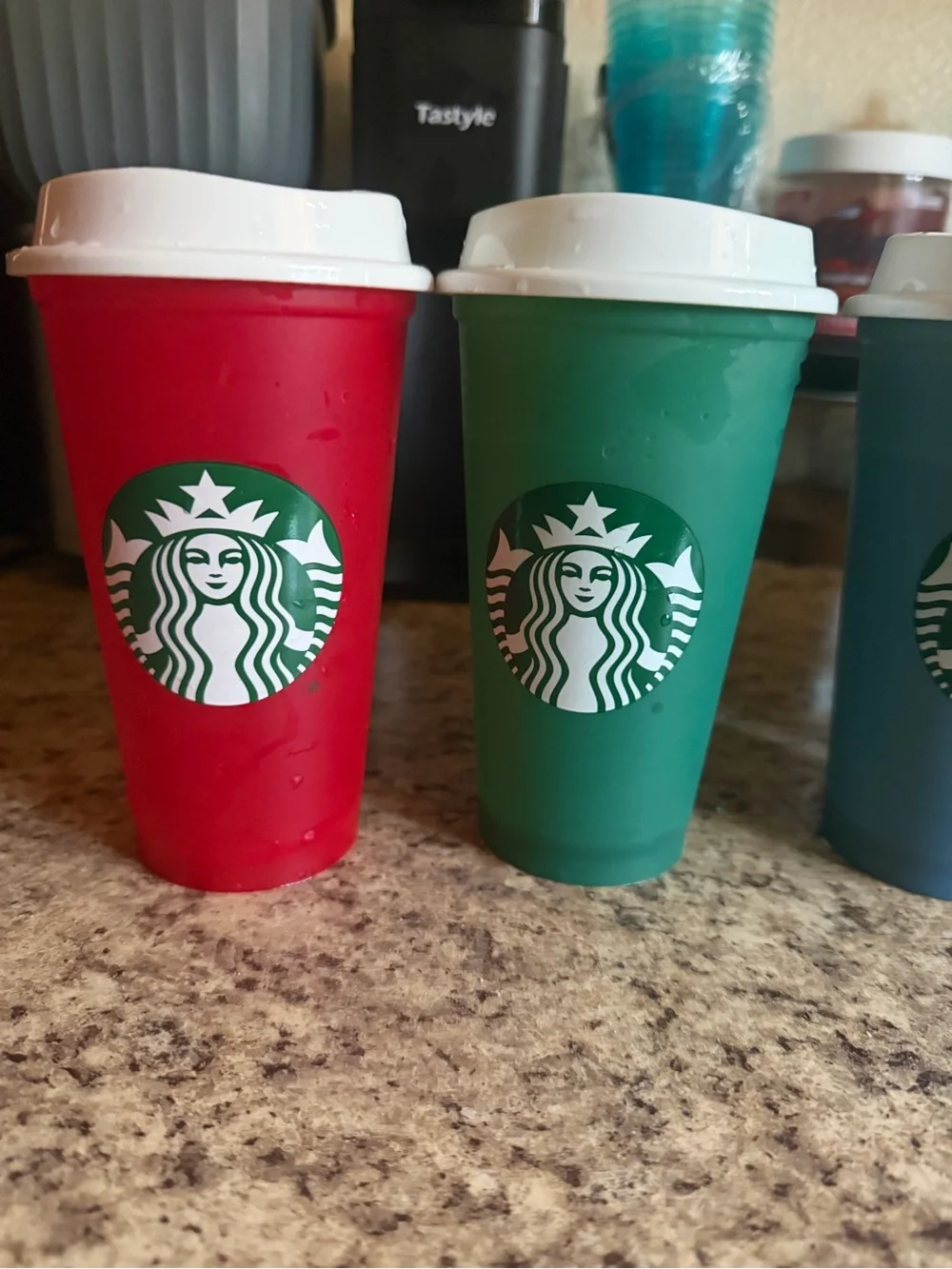Starbucks Red and Gray Reusable Cups with White Lids